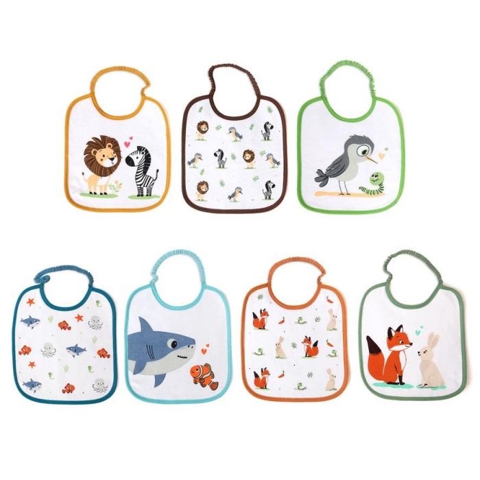 KioKids Set de 7 Baberos Impermeables de Algodón con Motivos de Animales Multicolor para Bebés +0 Meses 1 KioKids Set de 7 Baberos Impermeables de Algodón con Motivos de Animales Multicolor para Bebés +0 Meses 1