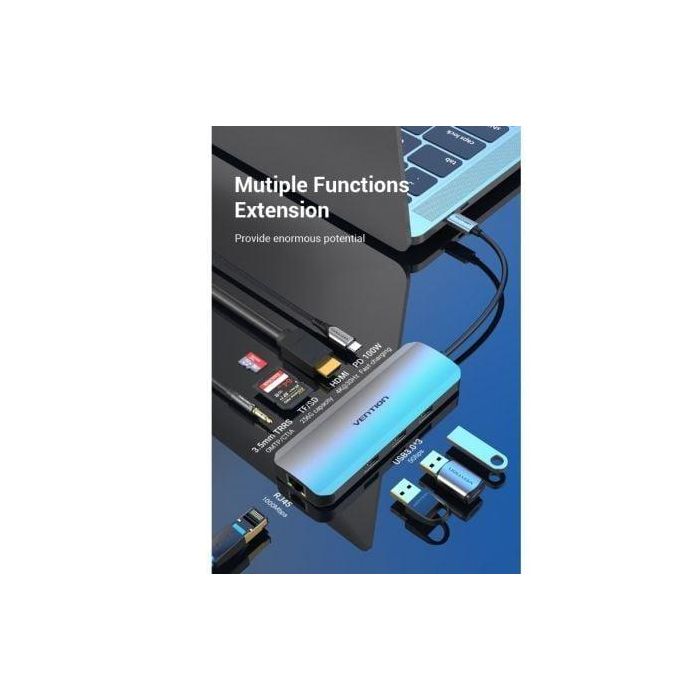 Vention TOLHB Docking USB-C con HDMI 4K, 3xUSB 3.0, USB-C PD, RJ45 Gigabit Ethernet, Lector SD/MicroSD, Jack 3.5mm Gris 1 Vention TOLHB Docking USB-C con HDMI 4K, 3xUSB 3.0, USB-C PD, RJ45 Gigabit Ethernet, Lector SD/MicroSD, Jack 3.5mm Gris 1
