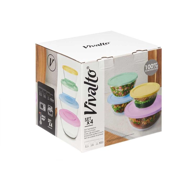 Vivalto Set de 4 Fiambreras de Vidrio Borosilicato 800 ml, 1L, 1.6L, 2.1L - Transparente, Azul, Amarillo, Lila, Verde (4 Unidades) 2 Vivalto Set de 4 Fiambreras de Vidrio Borosilicato 800 ml, 1L, 1.6L, 2.1L - Transparente, Azul, Amarillo, Lila, Verde (4 Unidades) 2