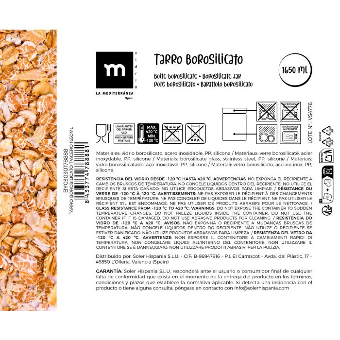La Mediterranea Tarro Borosilicato Acero Inoxidable 1650 ml 10.8x10.8x26 cm 7
