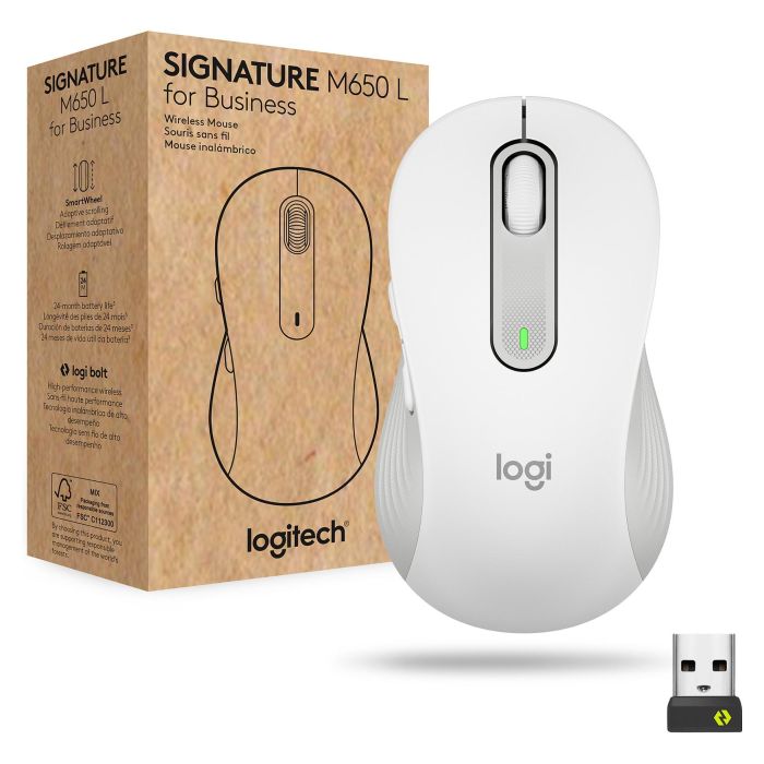 Logitech Signature M650 L Ratón Inalámbrico Bluetooth Bolt USB Receptor, Blanco, Diseñado para Mano Derecha, Tamaño L 6