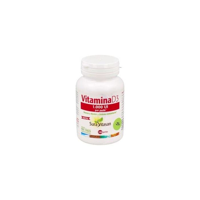 SURA VITASAN Vitamina D3 Colecalciferol 1.000 UI 25 µg (de lanolina oveja) 120 Perlas. Apoyo huesos e inmunitario.