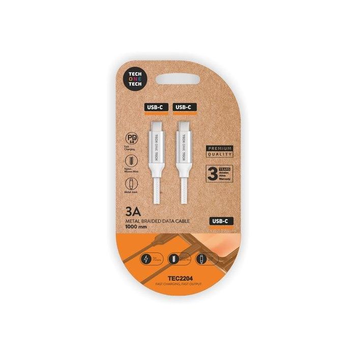 Tech One Tech Cable USB-C a USB-C Nylon 1m 3A PD Carga Rápida Blanco