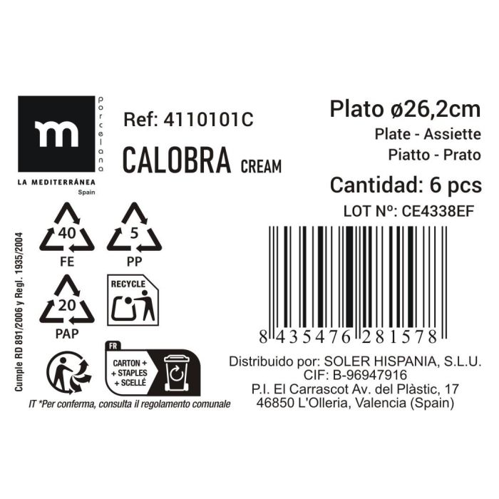 La Mediterranea Plato Llano Calobra Crema Ø26.2 cm (12 Unidades) 3