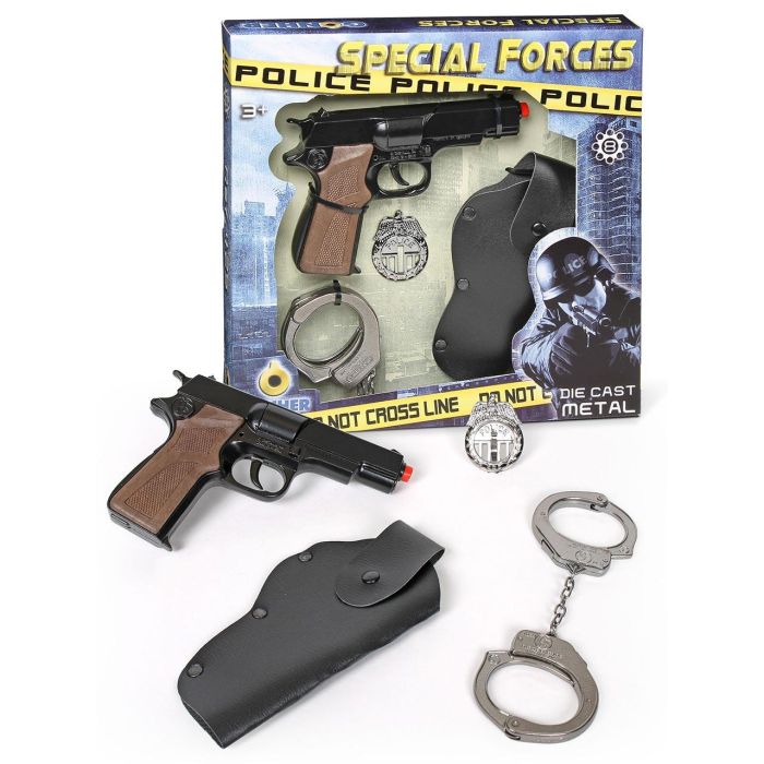 Pistola policia 8 tiros con complementos.cartuchera, esposas y estrella