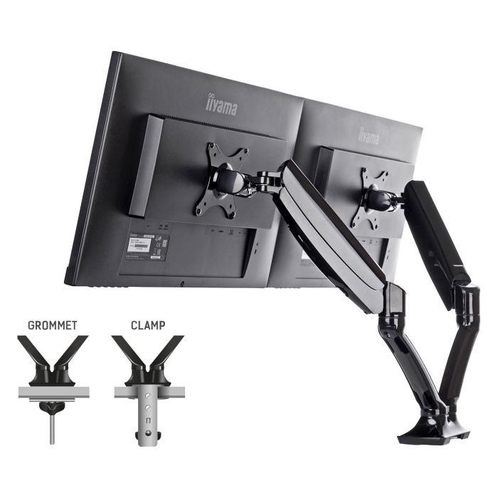 Iiyama Soporte Doble de Monitor con Gasfeder, Para 2 Pantallas de 10"-27" y 5 kg, Montaje Pinza/Atornillado VESA 100x100/75x75 mm, Negro 9
