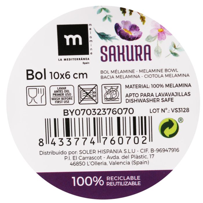 Bol de melamina Sakura 10x6 cm brillo - La Mediterranea (24 Unidades) 1