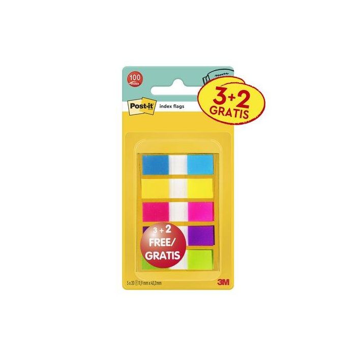 Post-it Banderitas Separadoras Pequeñas 11,9x43,2 mm Dispensador, 60 Hojas + 40 Hojas Gratis, 5 Colores Surtidos