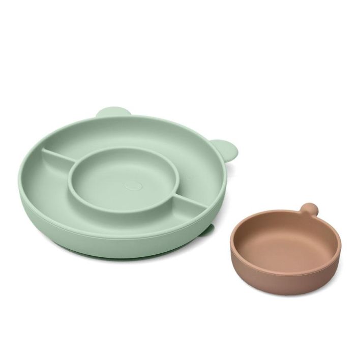 KioKids Plato de Silicona con 3 Compartimentos, Ventosa y Diseño de Oso para BLW, Verde, de Grado Alimentario y Lavavajillas, Edad +6 Meses
