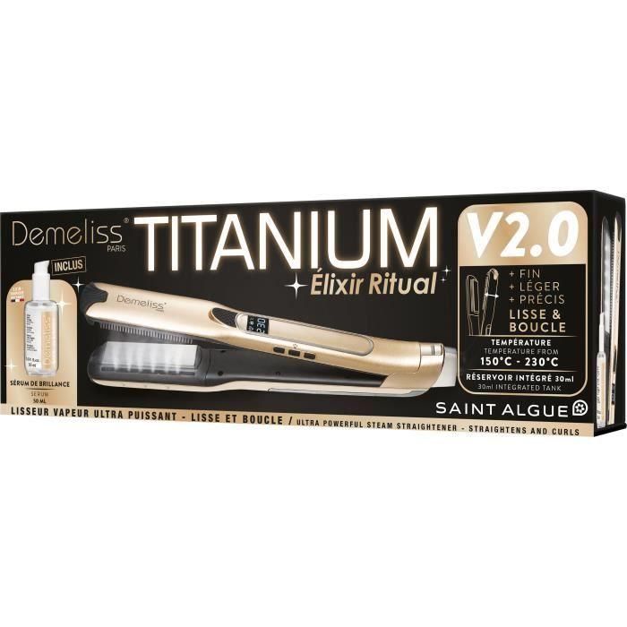 Caja plancha de vapor TITANIUM V2 ELIXIR RITUAL DEMELISS - 5 niveles de temperatura - Depósito de 30ml - Hasta 230°c 1 Caja plancha de vapor TITANIUM V2 ELIXIR RITUAL DEMELISS - 5 niveles de temperatura - Depósito de 30ml - Hasta 230°c 1