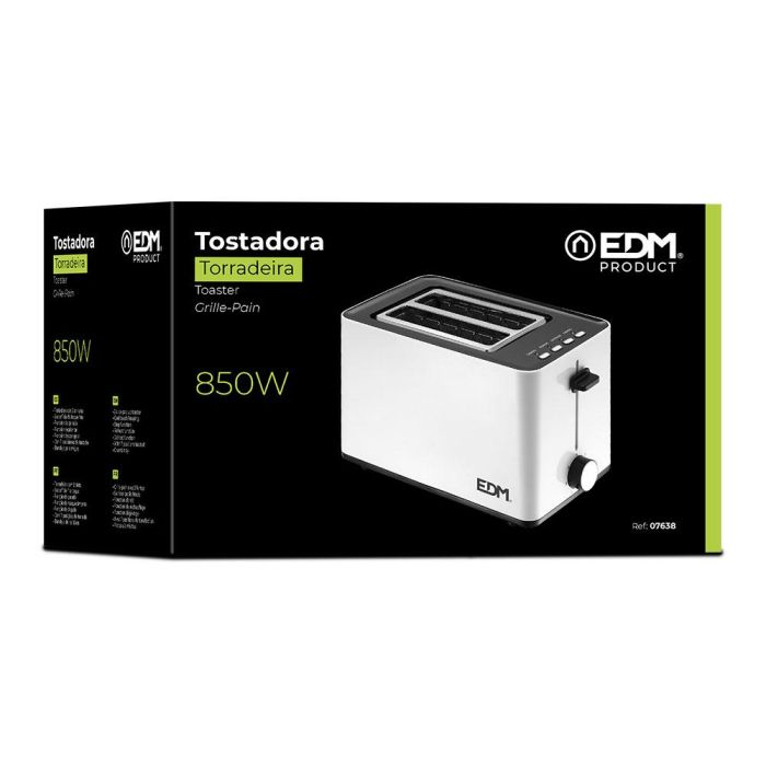 Edm Tostadora Doble Ranura Blanca 850W Diseño Táctil Frío 7 Posiciones Tostado Bandeja Recogemigas 220-240V 1