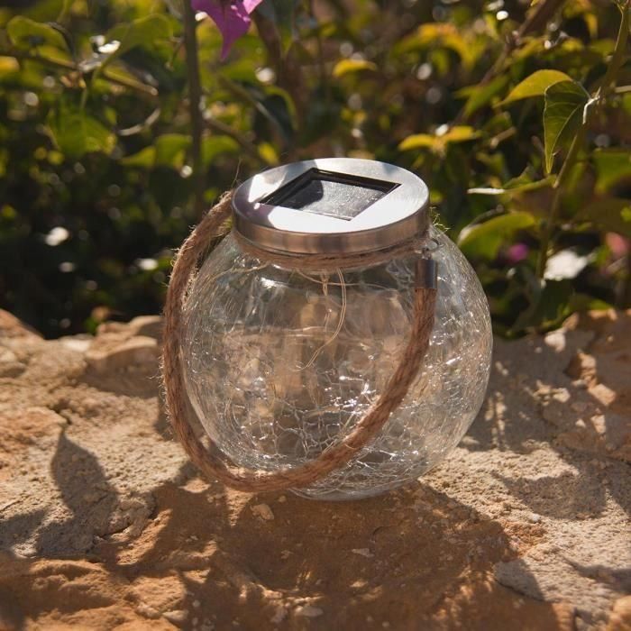 Juego de 2 bolas solares - LUMISKY - CRACK BALL CORD - H13 cm - Vidrio craquelado para soporte - Micro mango de cuerda - LED blanco cálido 2 Juego de 2 bolas solares - LUMISKY - CRACK BALL CORD - H13 cm - Vidrio craquelado para soporte - Micro mango de cuerda - LED blanco cálido 2