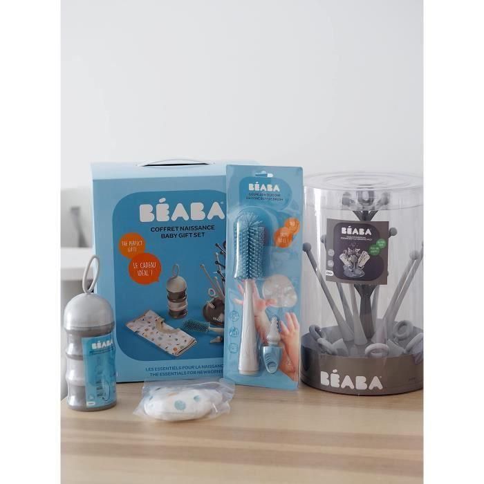 Beaba Set de Nacimiento: Escurridor Botellas Gris, Caja Dosificadora Leche, Cepillo Biberones Silicona y Babero de Tela Tropical 2