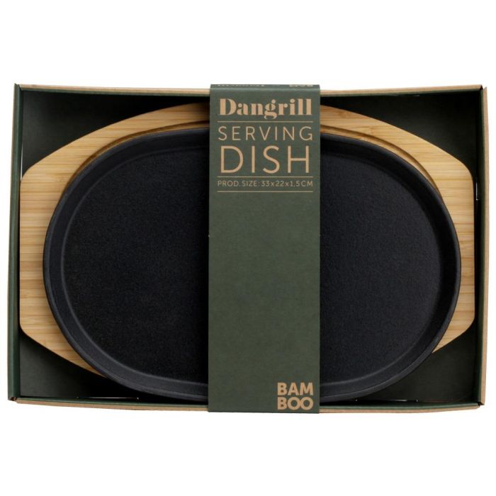 Dangrill Plato Oval Hierro Fundido 20x30 cm con Bandeja de Bambú 33x22 cm 4