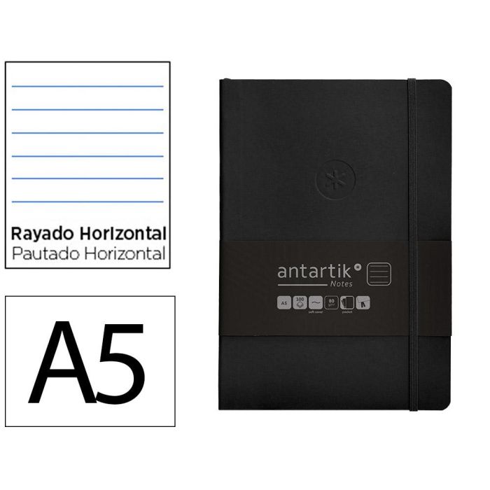 Cuaderno Con Gomilla Antartik Notes Tapa Blanda A5 Hojas Rayas Negro 80 Hojas 80 gr Fsc