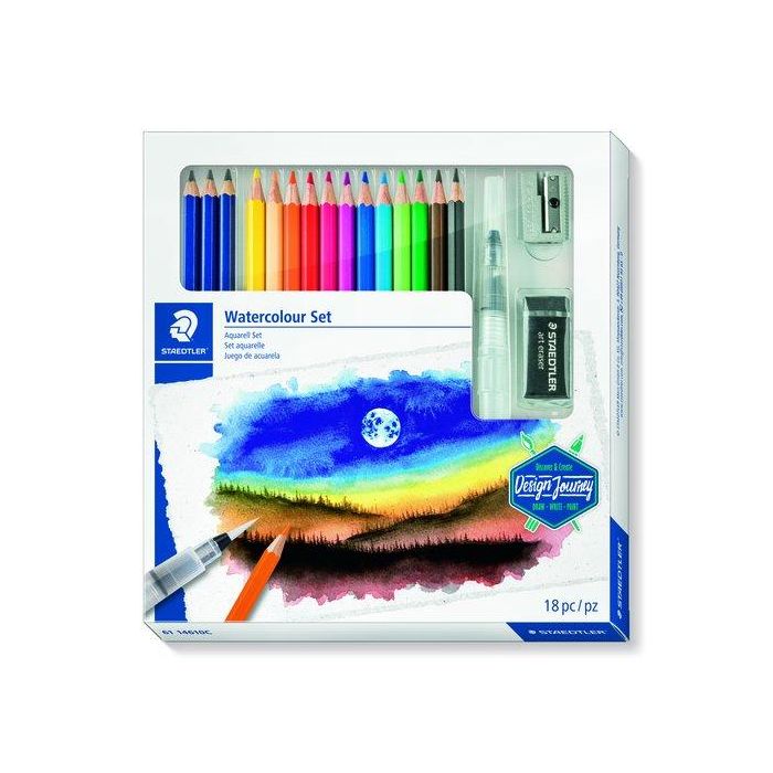 Lapices Acuarelables Staedtler Design Journey Set De Dibujo Mixto Caja De 18 12X 14610C Lapices Acuarelables 3X 100A Lumograph Aquarell 1X 949-M Pincel 1X 526 B30-9C Goma De Borrar 1X 510 10 Afila Metalico