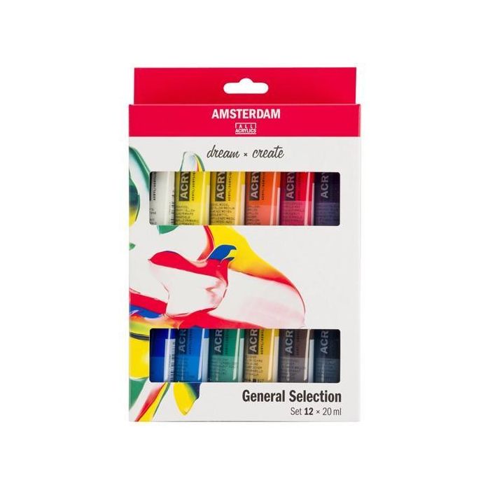 Talens Amsterdam Standard Series Set Acrílicos, Colores Básicos Esenciales, Estuche 12 Tubos x 20 mL, Pintura Versátil Colores Vivos
