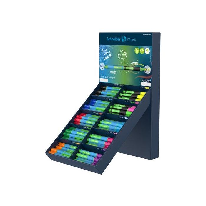 Marcador Fluor Schneider Link-It Slider/Highlighter Expositor De 100 80× Link-It Slider (10X Negro, Rojo, Azul, Verde, Naranja, Violeta, Fucsia Y Azul Claro) 20X Link-It Highlighter (10X Amarillo, 5X Verde Y Fucsia)
