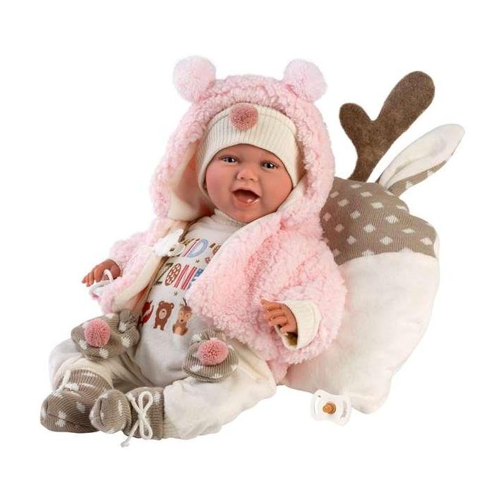 Llorens Muñeco recién nacido Mimi Sonrisas con peto Kids Zone, chupete y cojín reno 40 cm cuerpo tela, emite sonidos 1