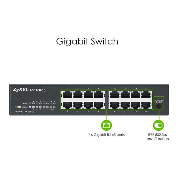 Zyxel GS1100-16 EU0103F Switch No Administrado Gigabit Ethernet 16 Puertos Montaje Rack Fuente Alimentación Incluida 5
