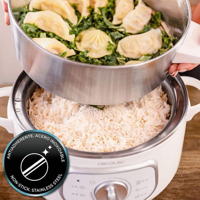 Cecotec Vaporera eléctrica SteelPot 1300W, 3 recipientes inox, apagado automático, blanca 1