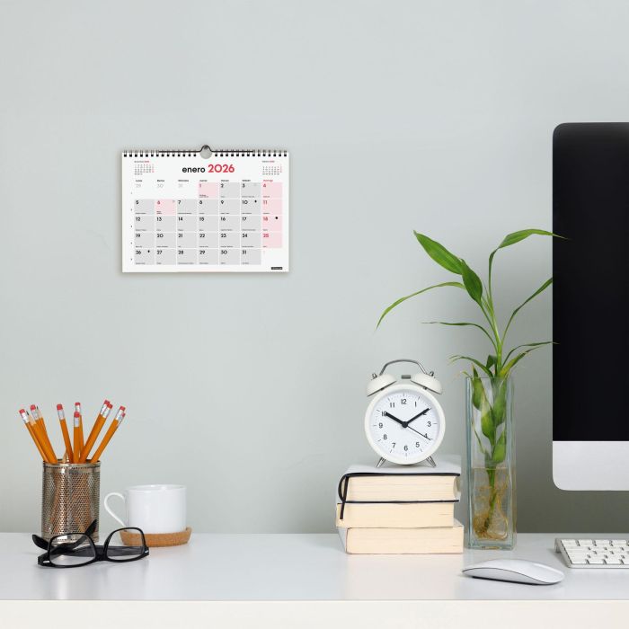 Finocam Calendario de Pared para Escribir 2026, Anual S-210x150 mm, Planificador Espiral con Colgador, Festivos y Fases Lunares 1