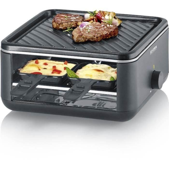 Parrilla Raclette - SEVERIN - RG2360 - 4 personas. - Compacto - Plato 24 x 24 cm - Incluye 4 cacerolas y espátulas - Negro