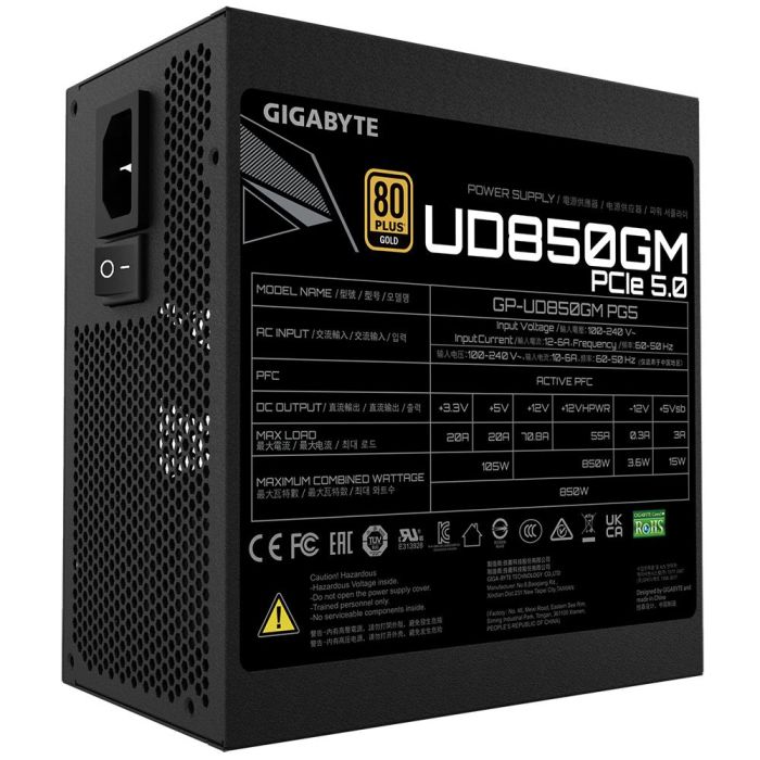Gigabyte GP-UD850GM PG5 V2 Fuente de Alimentación 850W 80 Plus Gold ATX 3.1, PCIe 12VHPWR, 120mm Ventilador HYB, Modular