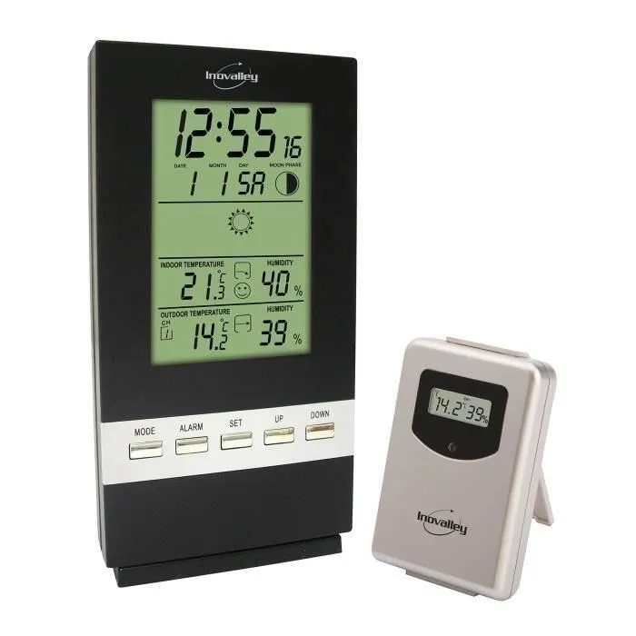 Inovalley Estación Meteorológica SM300 Black - Previsión del Tiempo, Temperatura y Humedad Interior/Exterior, Fase Lunar, Calendario, Reloj 1