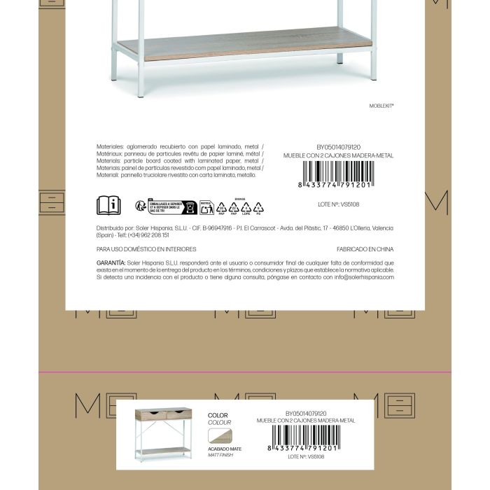 Inde Mueble Con 2 Cajones Madera-Metal Moblekit 80x30x75 cm 6