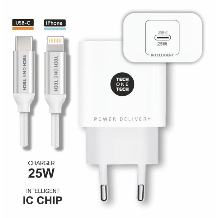 Tech One Tech Cargador ultrarrápido PD 25W con cable nylon USB-C a Lightning 1m Blanco 1 Tech One Tech Cargador ultrarrápido PD 25W con cable nylon USB-C a Lightning 1m Blanco 1