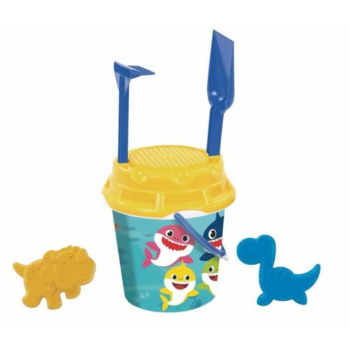 Cubo de playa tiburones con pala,rastrillo,cedazo y 2 figuras 18 cm diametro. Cubo de playa tiburones con pala,rastrillo,cedazo y 2 figuras 18 cm diametro.