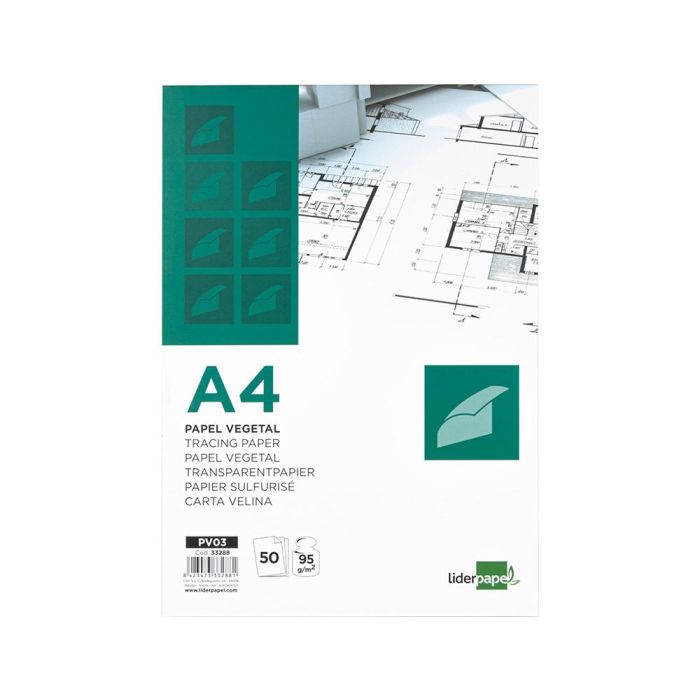 Bloc Papel Vegetal Liderpapel Encolado 210x297 mm 50 Hojas 95 gr-M2 1