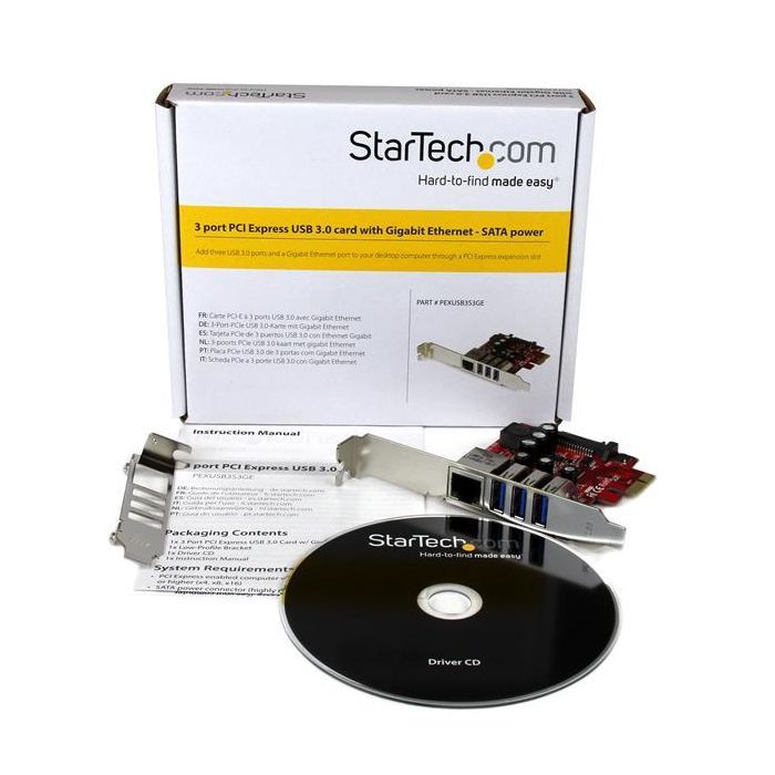 StarTech.com PEXUSB3S3 Tarjeta de Red Ethernet Gigabit y Hub USB 3.0 de 3 Puertos PCIe 2.0 Perfil Bajo 4