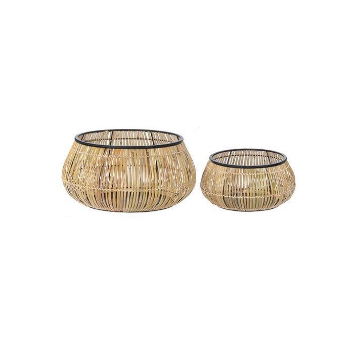 DKD Home Decor Macetero Balines de Ratán y Metal Natural Negro 50x50x25.4 cm Set de 2