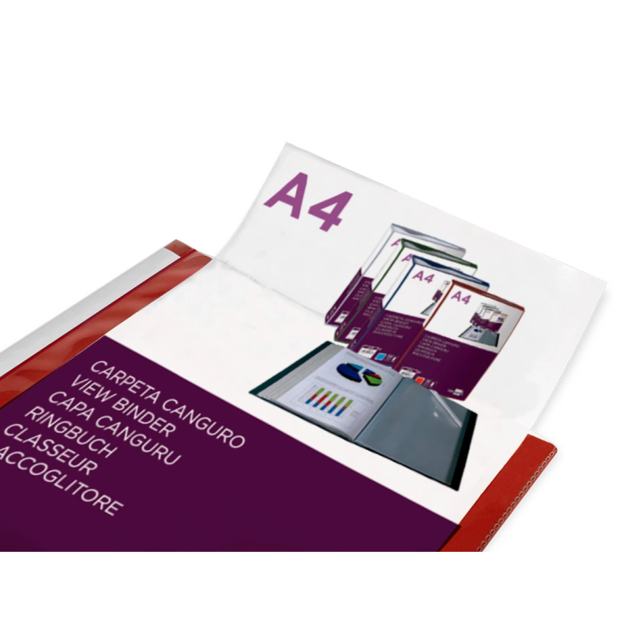 Liderpapel Carpeta 60 Fundas Canguro PP DIN A4 Rojo Translucido Portada y Lomo Personalizable 3