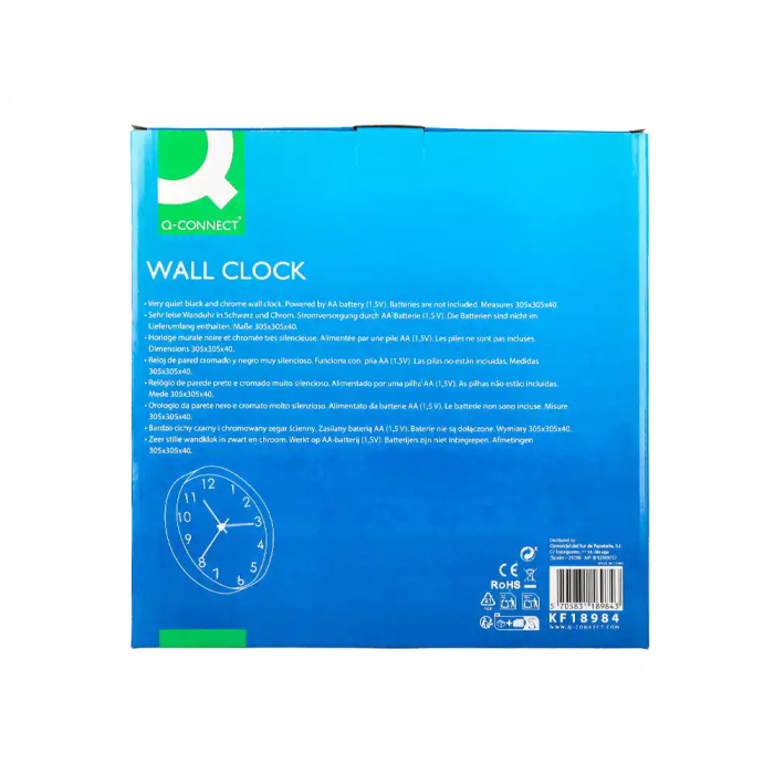 Q-connect Reloj de Pared Analógico Plateado Silencioso 305x305x40mm 7