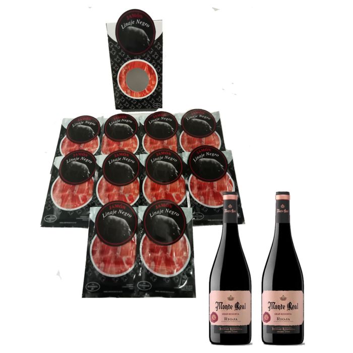 Jamón Ibérico de Bellota Linaje Negro 100 g x 10 Botella de vino tinto 750 ml x 2 Monte Real