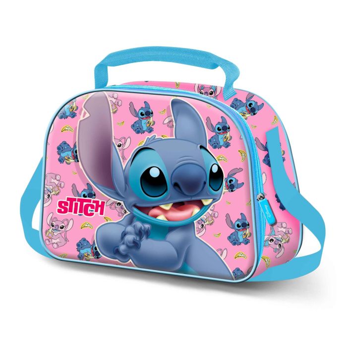 Disney Lilo y Stitch Bolsa Portamerienda 3D Infantil Azul Isotérmica con Relieve Frontal, Asa y Bandolera 10x26x20cm
