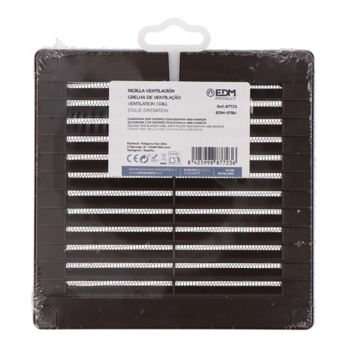 Edm Rejilla ventilación cuadrada 150x150x7mm abs con tapones y mosquitera marrón 2