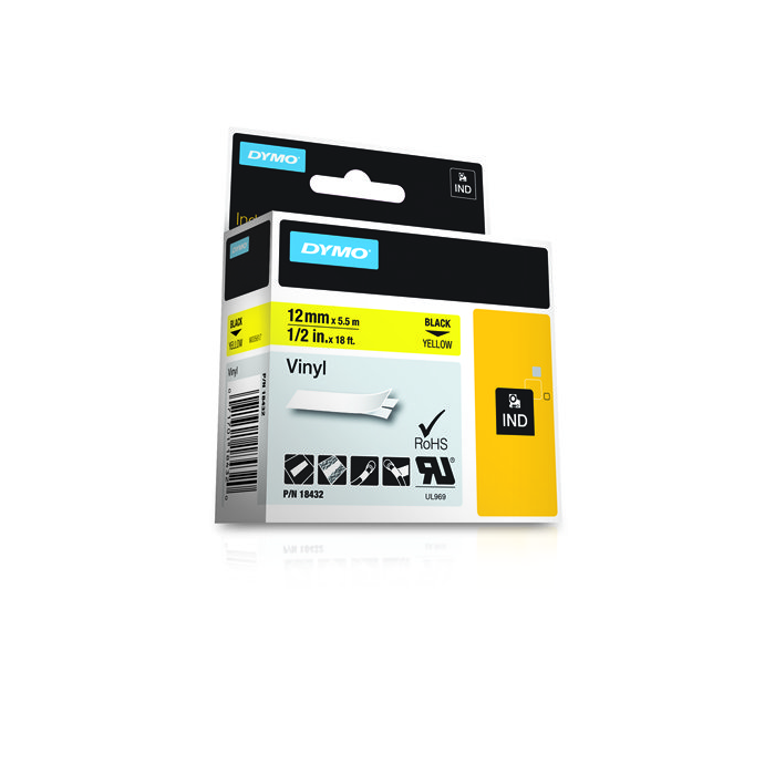 Dymo Rhino Cinta De Etiquetas Industrial Adhesiva Id1-12, Negro Sobre Amarillo 12 mm, Vinilo S0718450 2