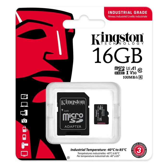 Kingston Tarjeta Memoria MicroSDHC 16GB Industrial U3 V30 A1 -40°C a 85°C Lectura 100MB/s 1920 TBW 4