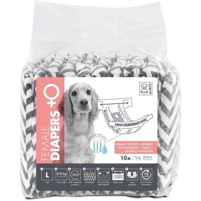 M Pets MPE6953182735571 Pañales para perros Mujer Talla L x10 - Cintura 32-52cm, 8-15kg - Indicador de humedad, Protección 12h M Pets MPE6953182735571 Pañales para perros Mujer Talla L x10 - Cintura 32-52cm, 8-15kg - Indicador de humedad, Protección 12h