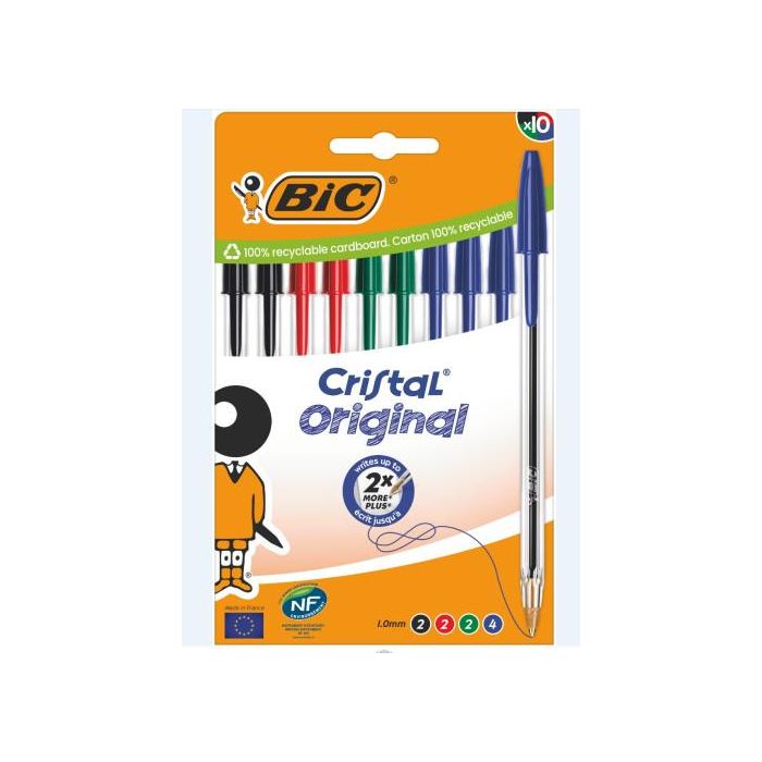Bic Bolígrafo Original Colores Surtidos Azul, Rojo, Verde y Negro Pack 10 Ud