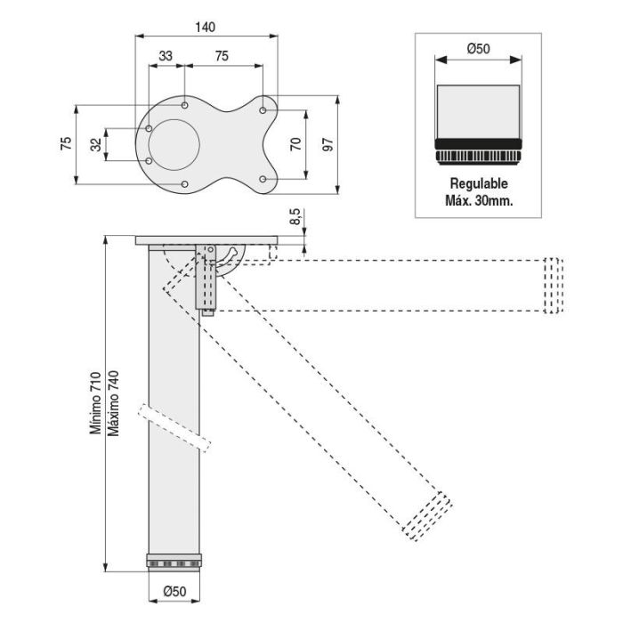 Herrajes Alk R9005 Pata de Mesa Plegable Ø50 Regulable Altura 710-740mm Negra 1