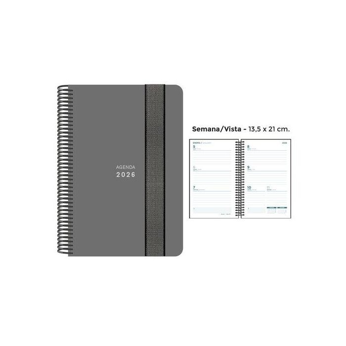 Agenda Anual (2026) Senfort Unicolor Espiral Tapa Pp Con Goma 135X210 S/V Gris