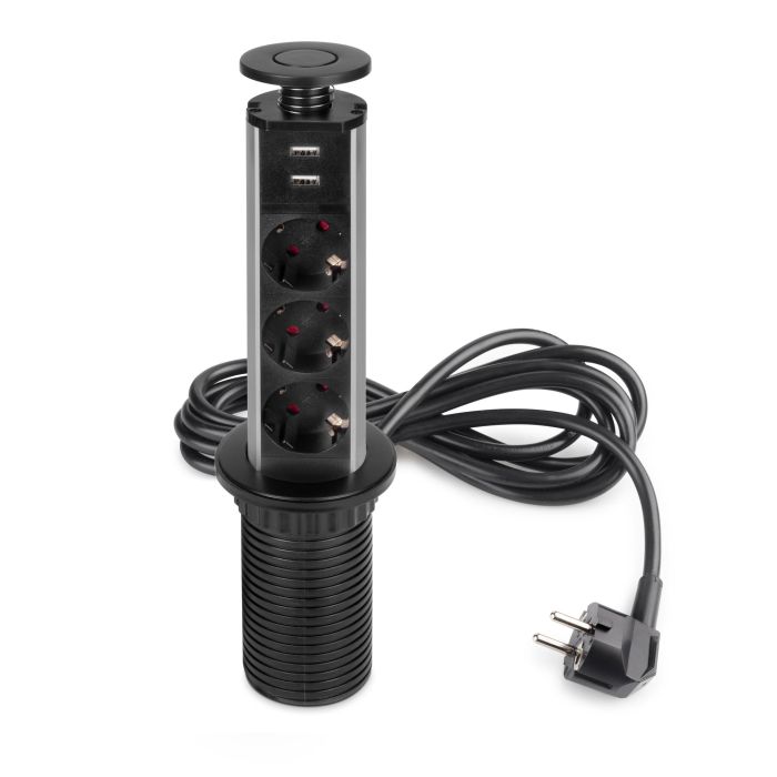 Emuca Multiconector extraíble Vertikal, 3 enchufes tipo Schuko, 2 USB tipo A, Plástico y Aluminio, Pintado negro