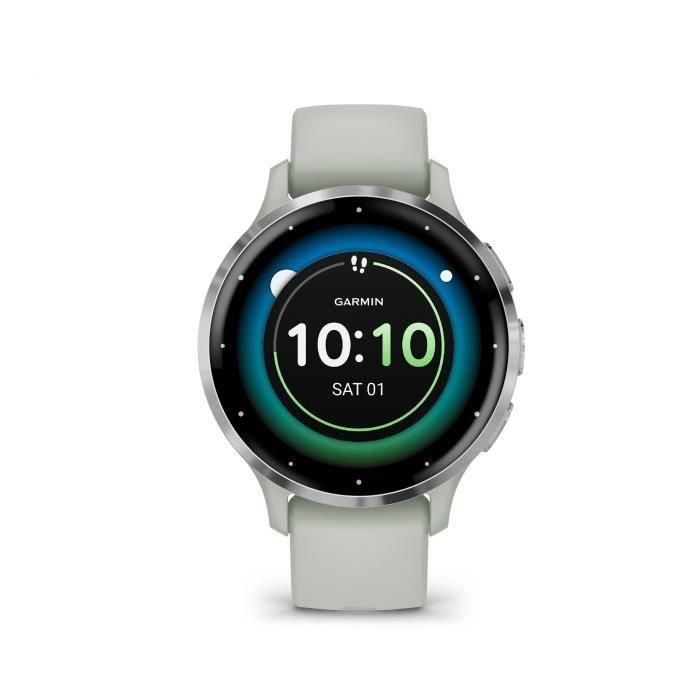 Reloj GPS conectado - GARMIN - Venu 3S - 30,4 mm (1.2) - Acero plateado, caja verde salvia y correa de silicona verde salvia