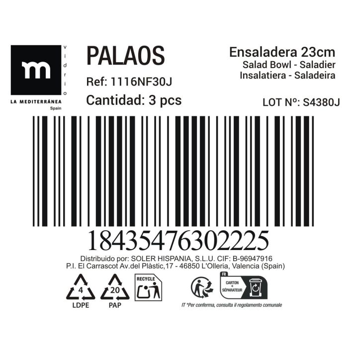 La Mediterranea Ensaladera Opal Colección Palaos 22 cm (18 Unidades) 1