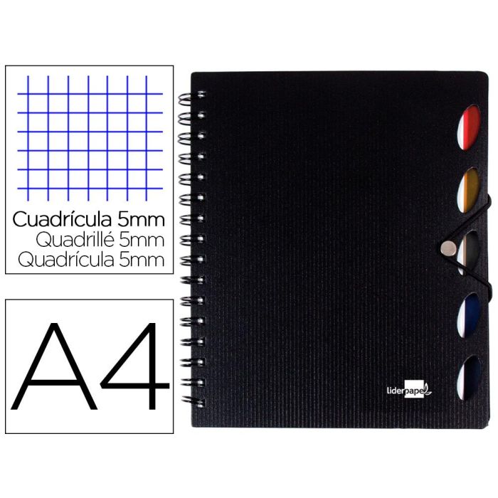 Cuaderno Espiral Liderpapel A4 Micro Executive Tapa Plastico 100H 80 gr Cuadro 5 mm 5 Separadores Con Gomilla Negro